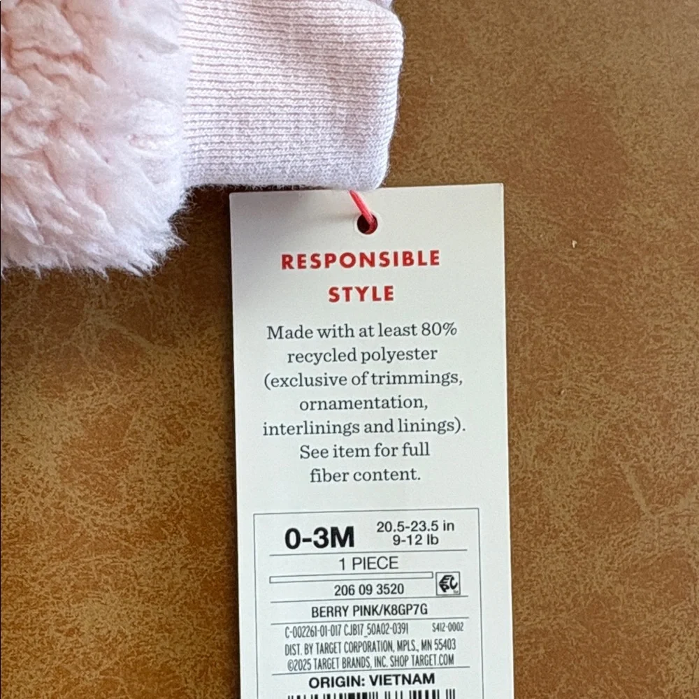 New! Cat & Jack Pink and White Fuzzy Footie - Size 0 to 3 months